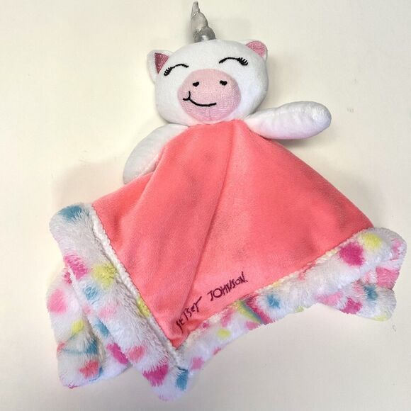 BETSEY JOHNSON Unicorn Lovey Plush Security Blanket Bright Coral With Hearts 13” - Picture 3 of 7